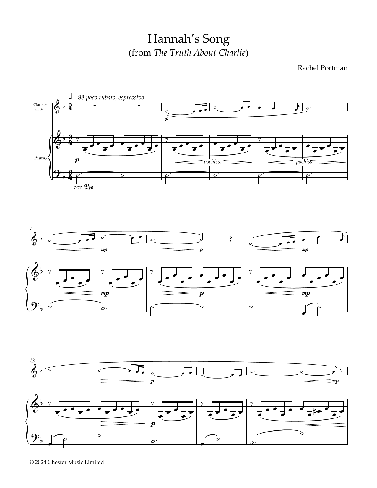 Rachel Portman Hannah's Song Sheet Music Notes & Chords for Clarinet and Piano - Download or Print PDF