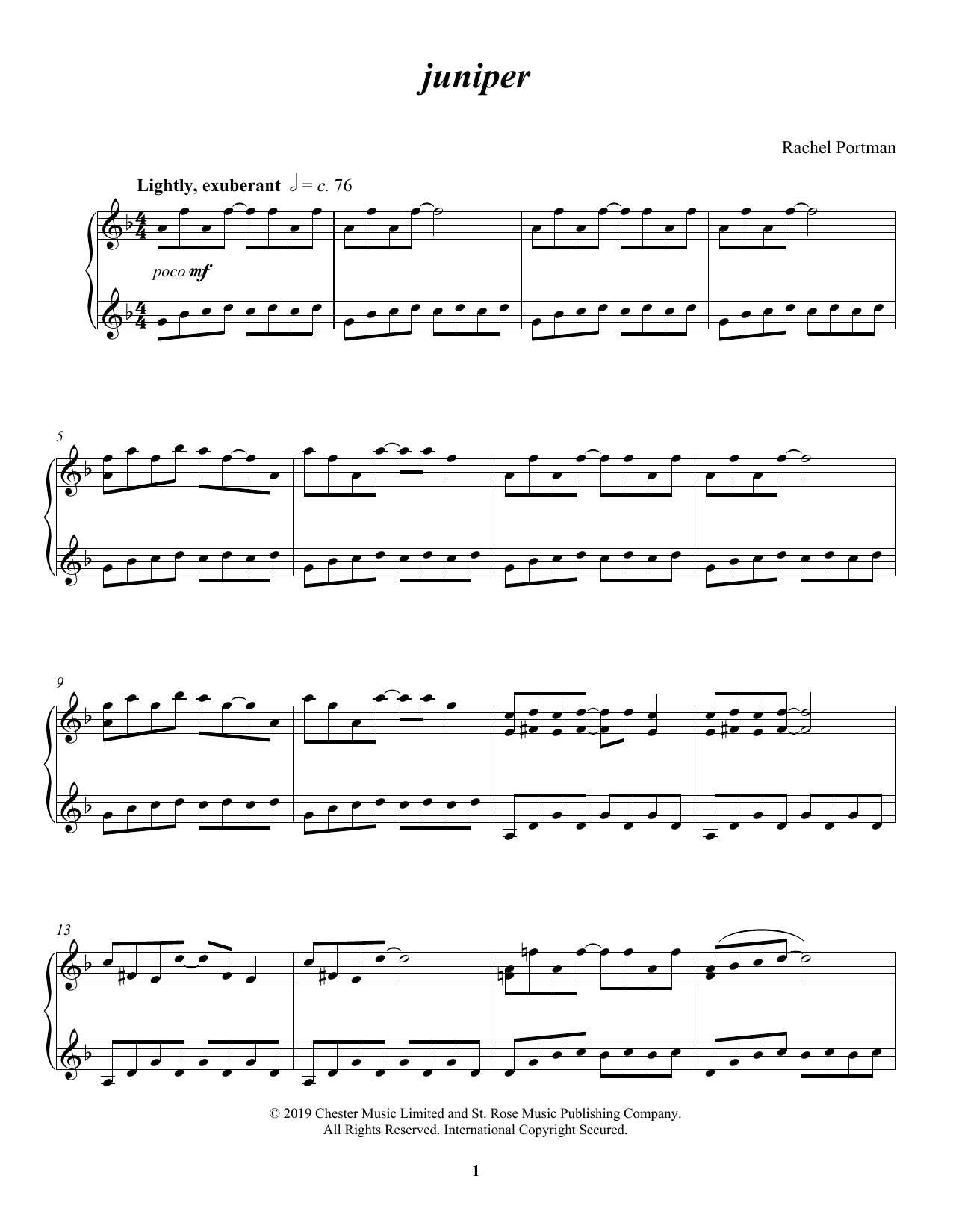 Rachel Portman juniper Sheet Music Notes & Chords for Piano Solo - Download or Print PDF