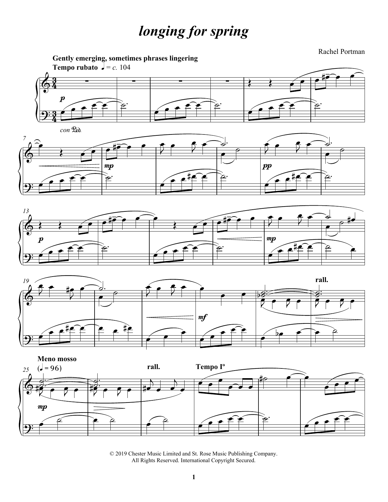 Rachel Portman longing for spring Sheet Music Notes & Chords for Piano Solo - Download or Print PDF