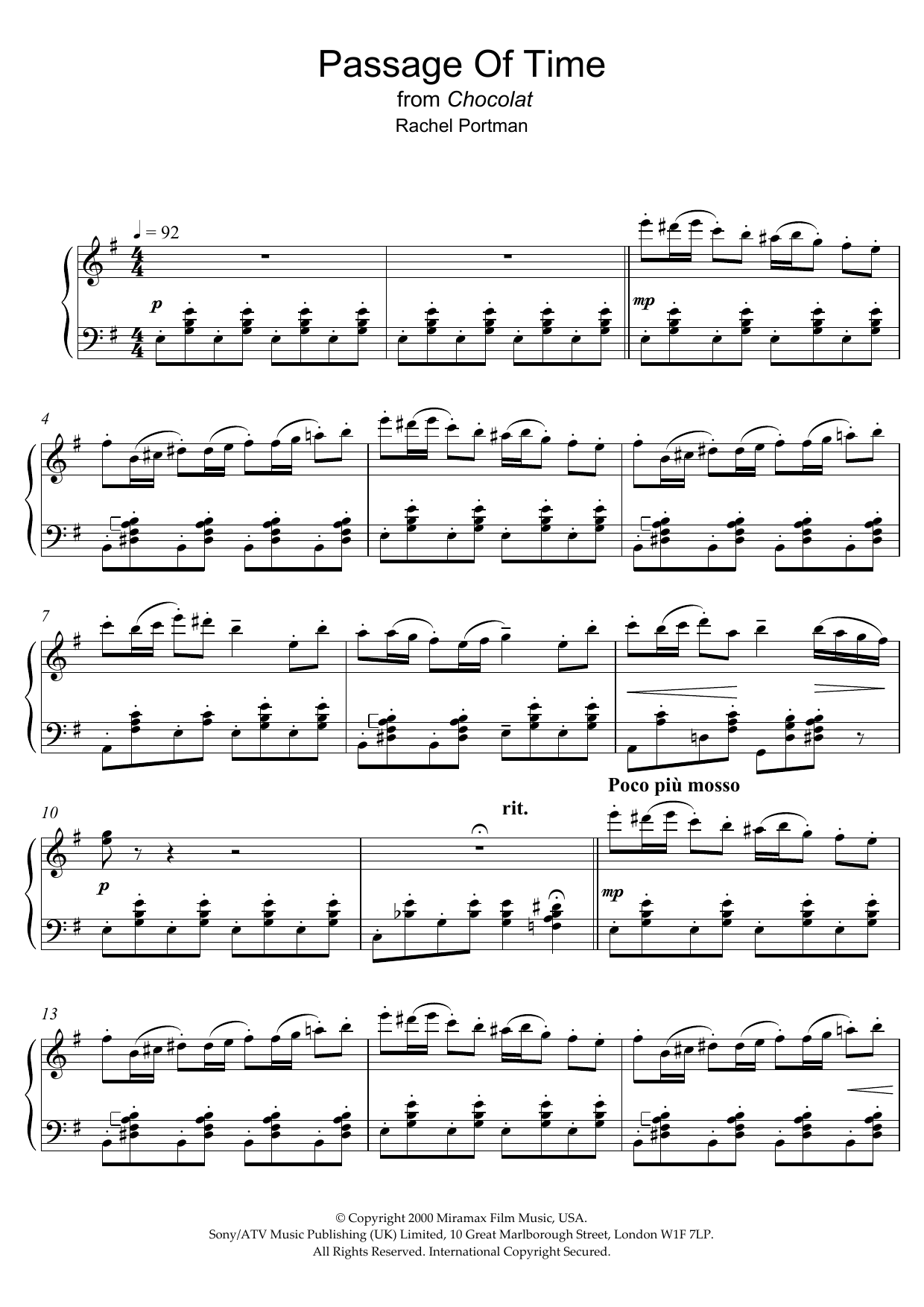 Rachel Portman Passage Of Time (from Chocolat) Sheet Music Notes & Chords for Piano - Download or Print PDF