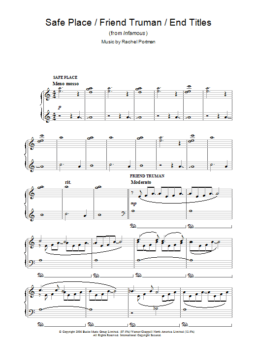 Rachel Portman Safe Place/Friend Truman/End Titles (from Infamous) Sheet Music Notes & Chords for Piano - Download or Print PDF