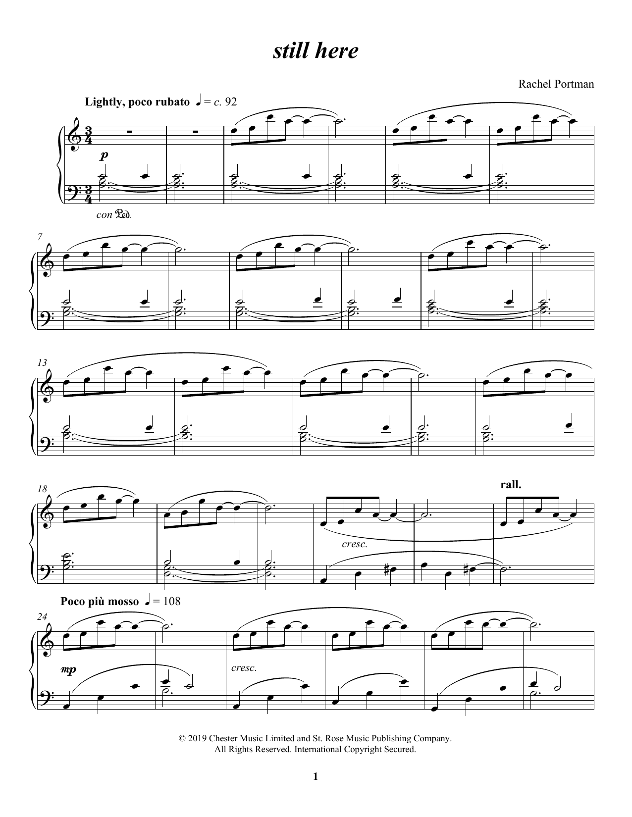 Rachel Portman still here Sheet Music Notes & Chords for Piano Solo - Download or Print PDF