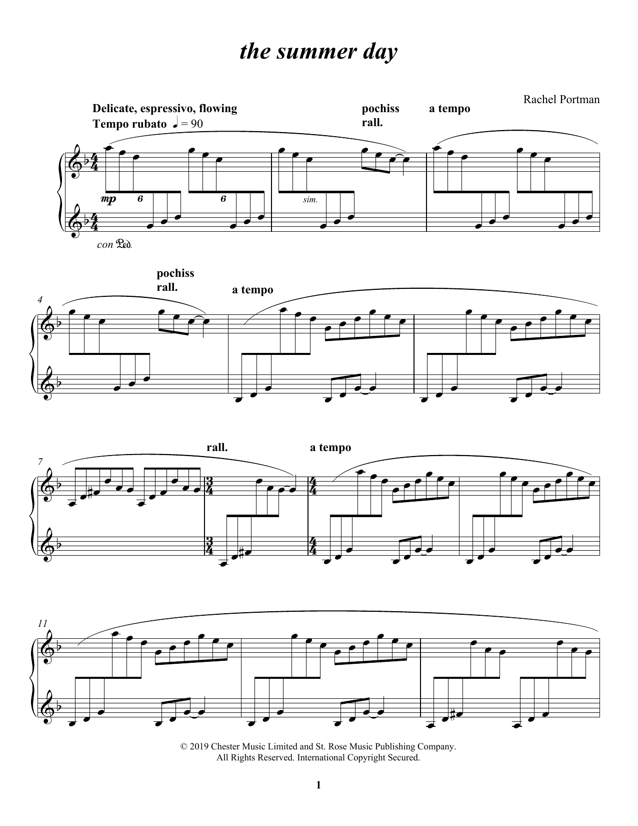 Rachel Portman the summer day Sheet Music Notes & Chords for Piano Solo - Download or Print PDF