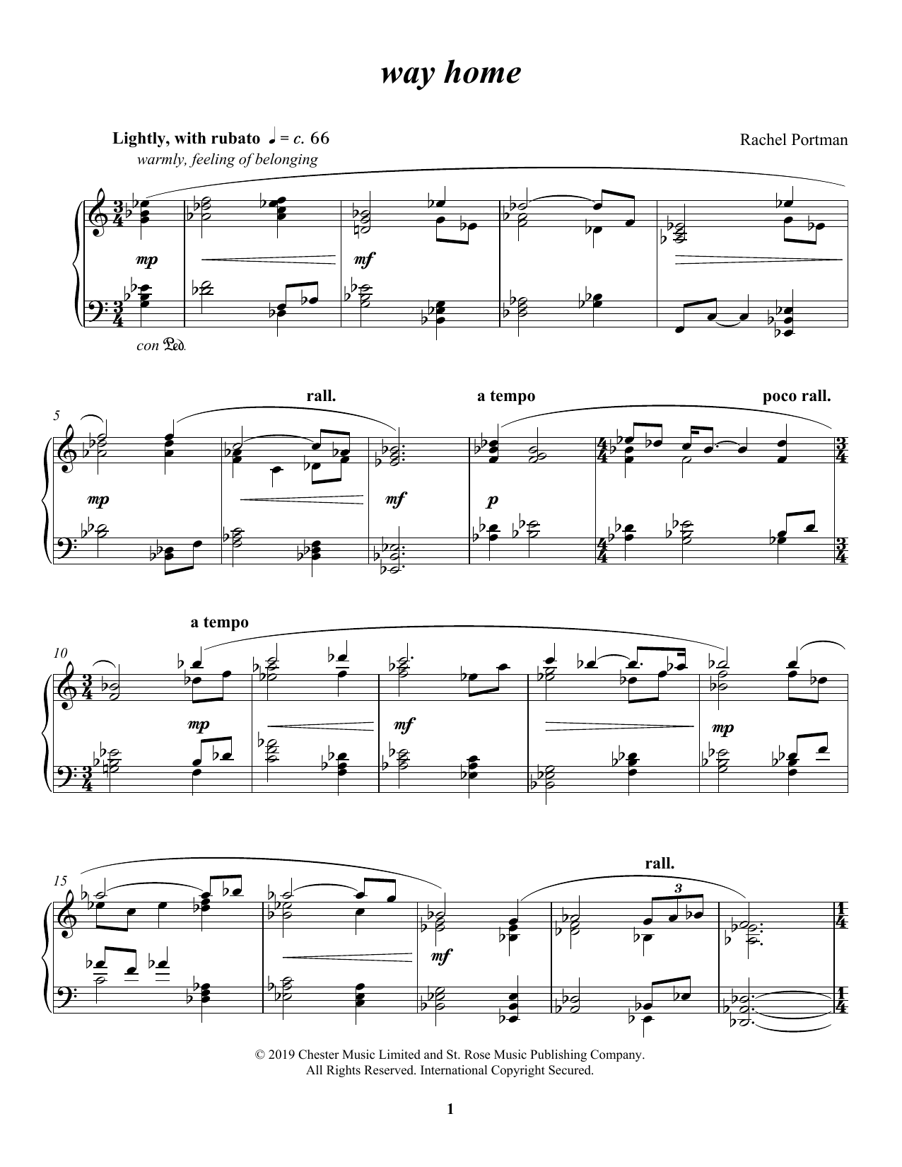 Rachel Portman the way home Sheet Music Notes & Chords for Piano Solo - Download or Print PDF