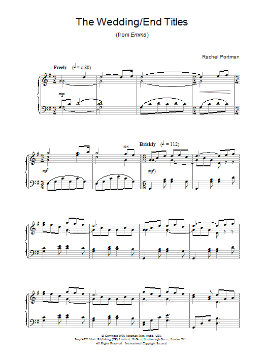 Rachel Portman The Wedding/End Titles (from Emma) Sheet Music Notes & Chords for Piano - Download or Print PDF