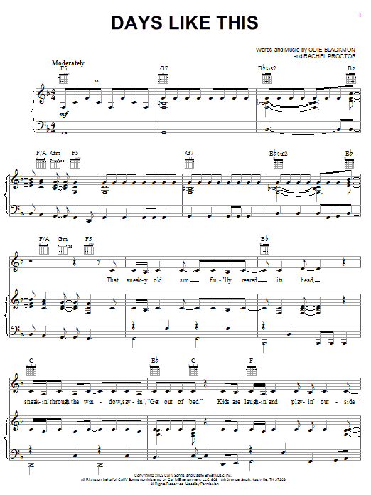 Rachel Proctor Days Like This Sheet Music Notes & Chords for Piano, Vocal & Guitar (Right-Hand Melody) - Download or Print PDF Rachel Proctor Days Like This Sheet Music Notes & Chords for Piano, Vocal & Guitar (Right-Hand Melody) - Download or Print PDF