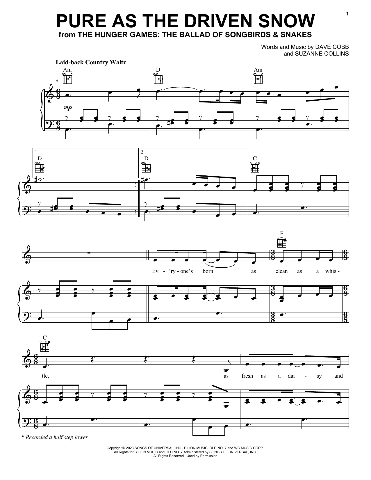Rachel Zegler Pure As The Driven Snow (from The Hunger Games: The Ballad of Songbirds & Snakes) Sheet Music Notes & Chords for Piano, Vocal & Guitar Chords (Right-Hand Melody) - Download or Print PDF