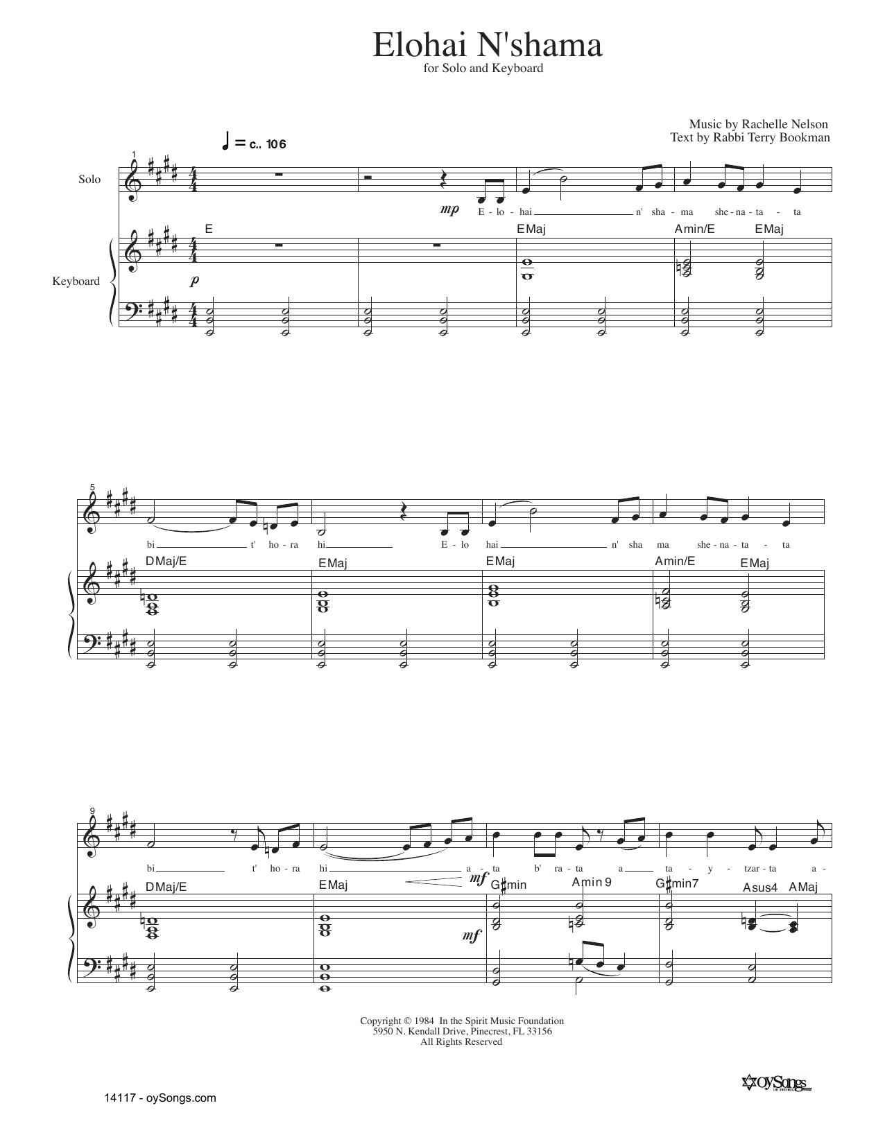 Rachelle Nelson Elohai N'shama Sheet Music Notes & Chords for Piano & Vocal - Download or Print PDF