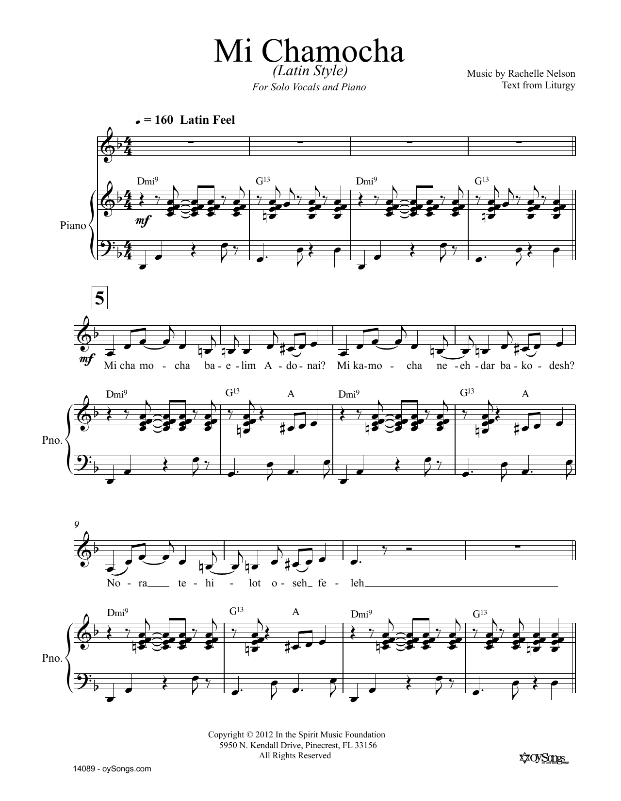 Rachelle Nelson Mi Chamocha Latin Style Sheet Music Notes & Chords for Piano & Vocal - Download or Print PDF