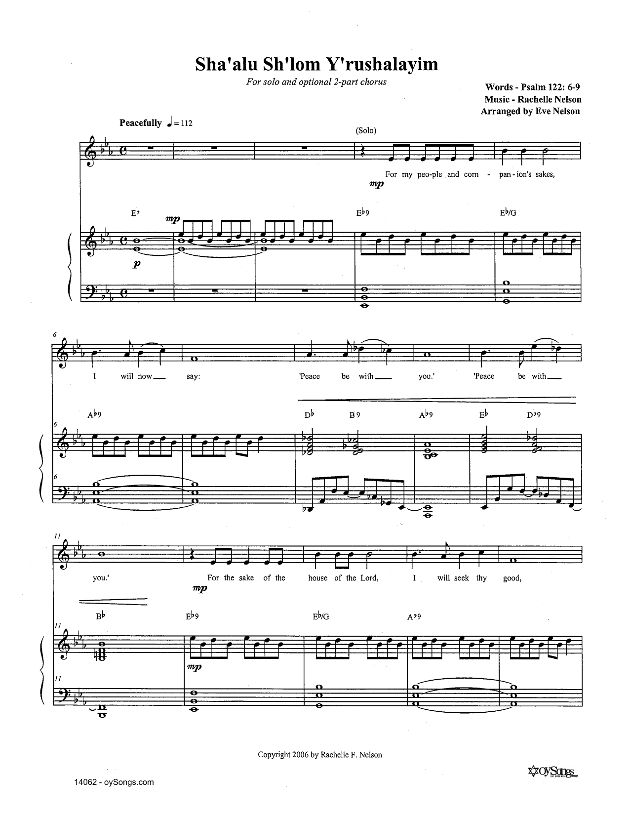 Rachelle Nelson Sha'alu Sh'lom Y'rushalayim Sheet Music Notes & Chords for Piano, Vocal & Guitar (Right-Hand Melody) - Download or Print PDF