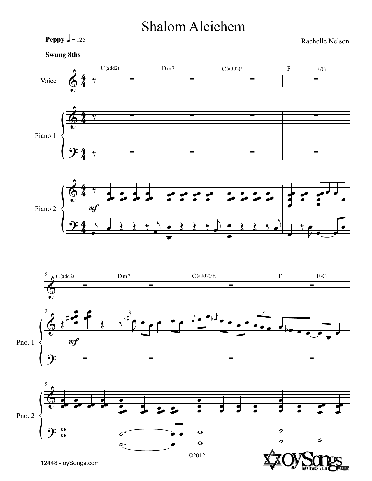 Rachelle Nelson Shalom Aleichem (for 2 Pianos) Sheet Music Notes & Chords for Piano & Vocal - Download or Print PDF