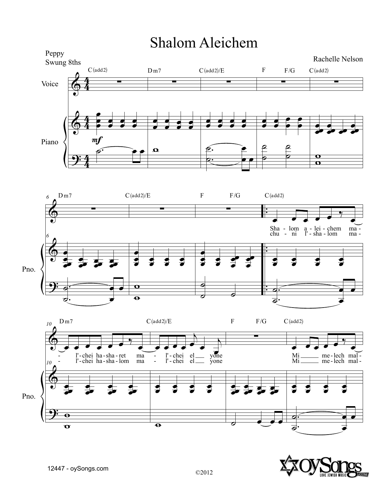 Rachelle Nelson Shalom Aleichem Sheet Music Notes & Chords for Piano & Vocal - Download or Print PDF