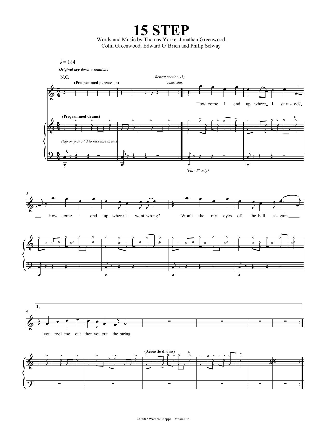 Radiohead 15 Step Sheet Music Notes & Chords for Piano, Vocal & Guitar (Right-Hand Melody) - Download or Print PDF