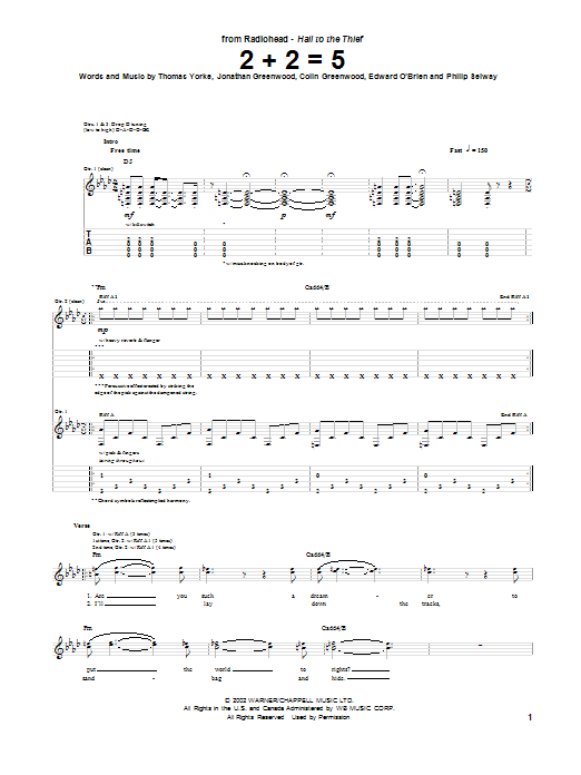 Radiohead 2 + 2 = 5 Sheet Music Notes & Chords for Guitar Tab - Download or Print PDF