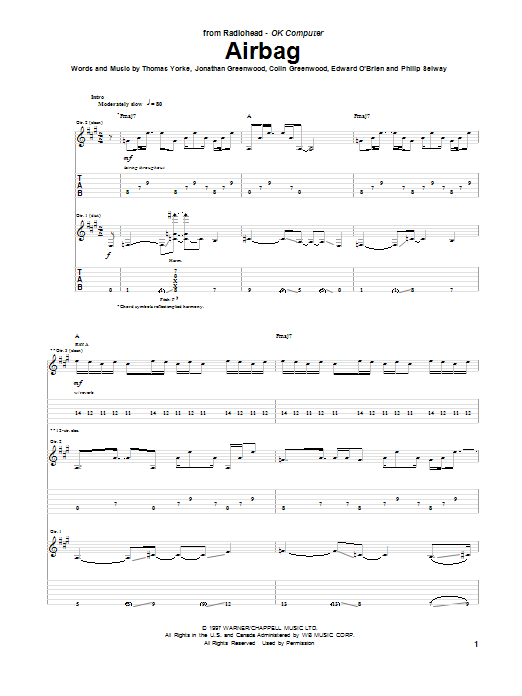 Radiohead Airbag Sheet Music Notes & Chords for Guitar Tab - Download or Print PDF