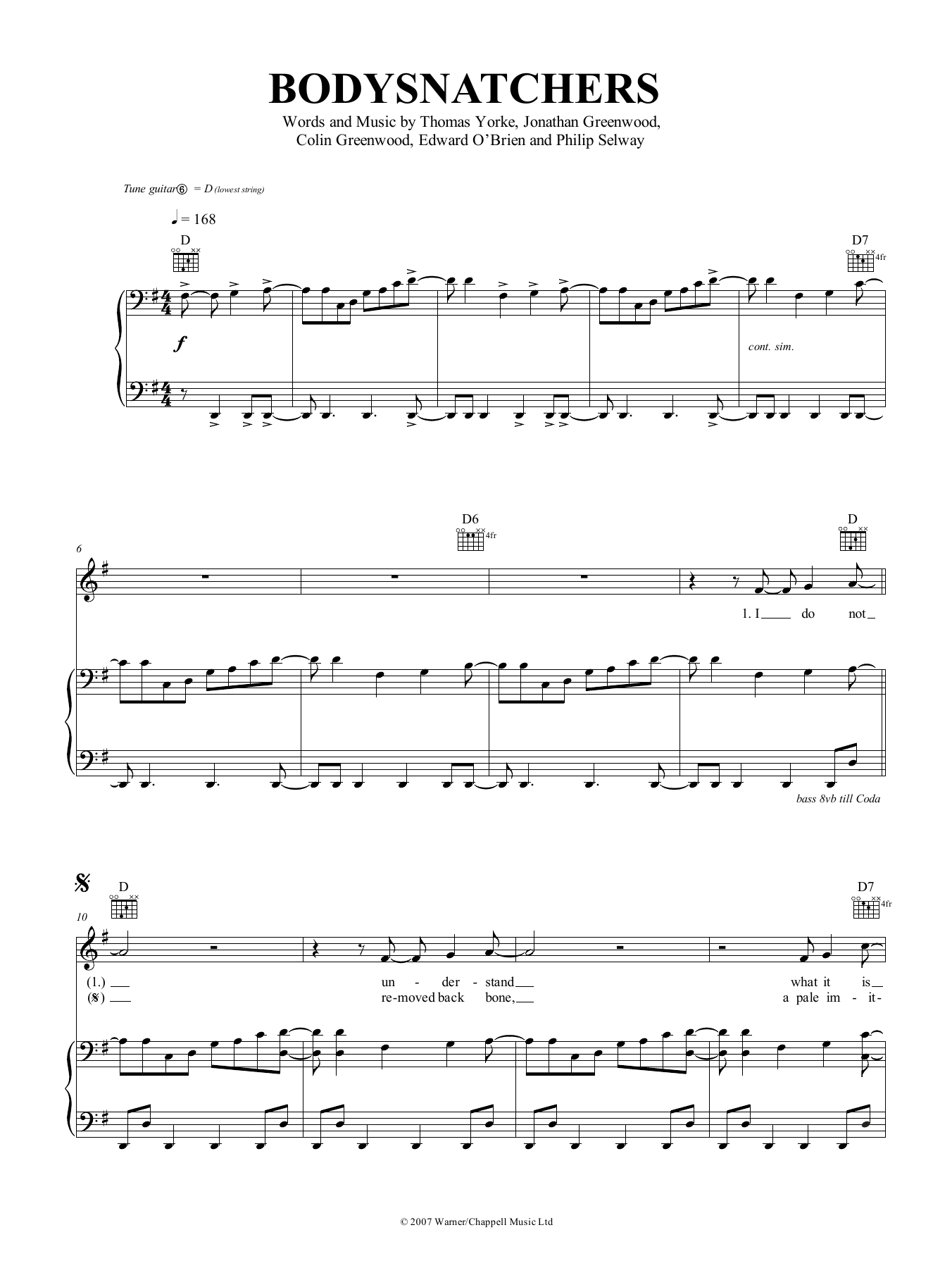 Radiohead Bodysnatchers Sheet Music Notes & Chords for Piano, Vocal & Guitar (Right-Hand Melody) - Download or Print PDF