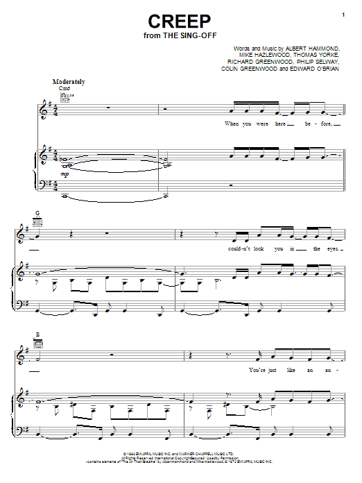 Radiohead Creep Sheet Music Notes & Chords for Piano, Vocal & Guitar (Right-Hand Melody) - Download or Print PDF