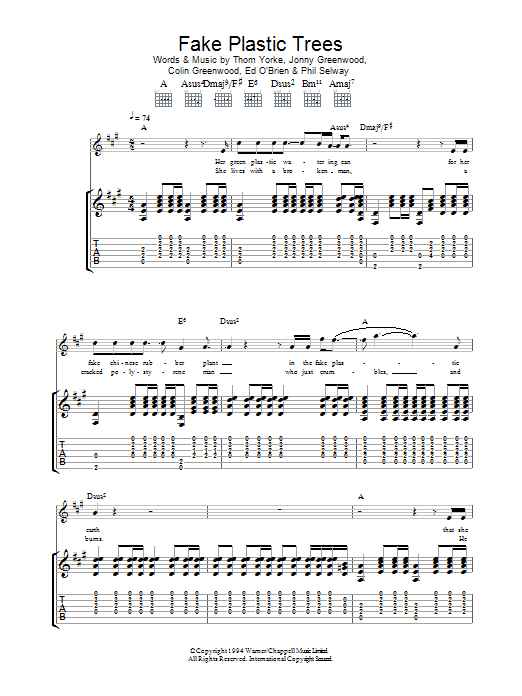 Radiohead Fake Plastic Trees Sheet Music Notes & Chords for Piano, Vocal & Guitar (Right-Hand Melody) - Download or Print PDF