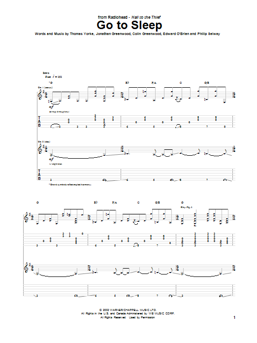 Radiohead Go To Sleep Sheet Music Notes & Chords for Guitar Tab - Download or Print PDF