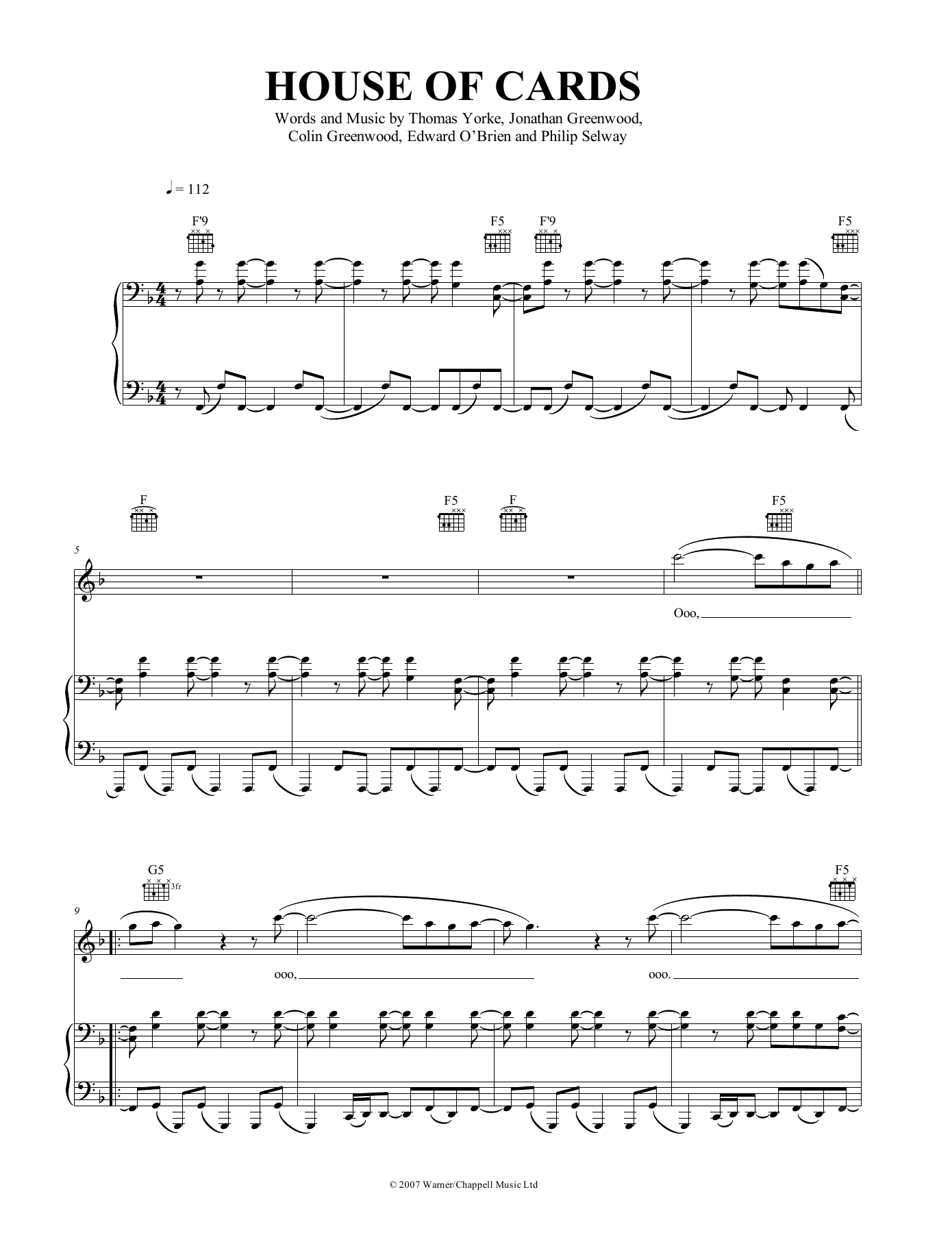 Radiohead House Of Cards Sheet Music Notes & Chords for Piano, Vocal & Guitar (Right-Hand Melody) - Download or Print PDF