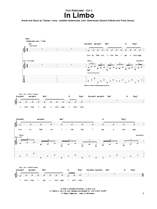 Radiohead In Limbo Sheet Music Notes & Chords for Guitar Tab - Download or Print PDF