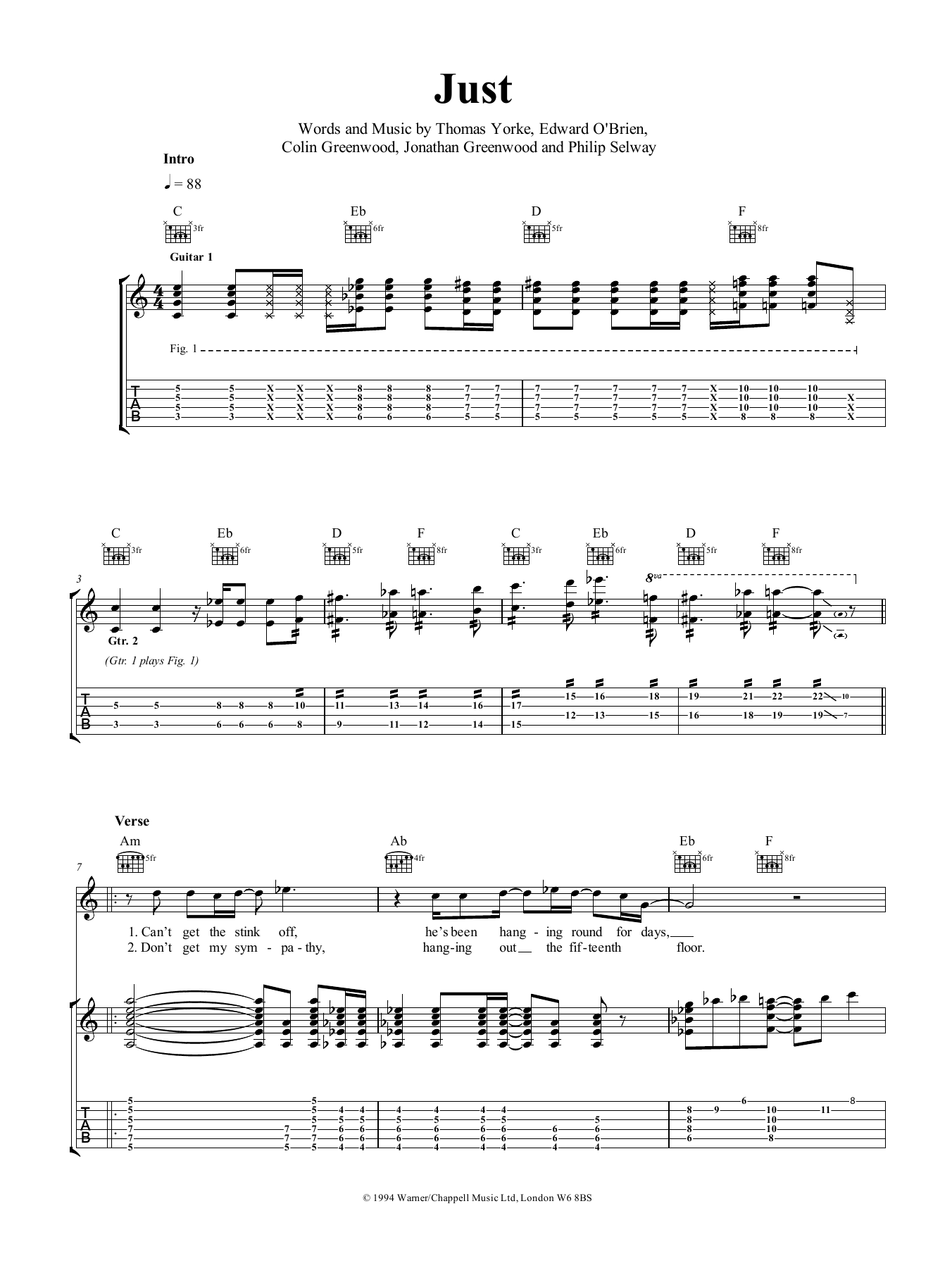 Radiohead Just Sheet Music Notes & Chords for Piano, Vocal & Guitar (Right-Hand Melody) - Download or Print PDF