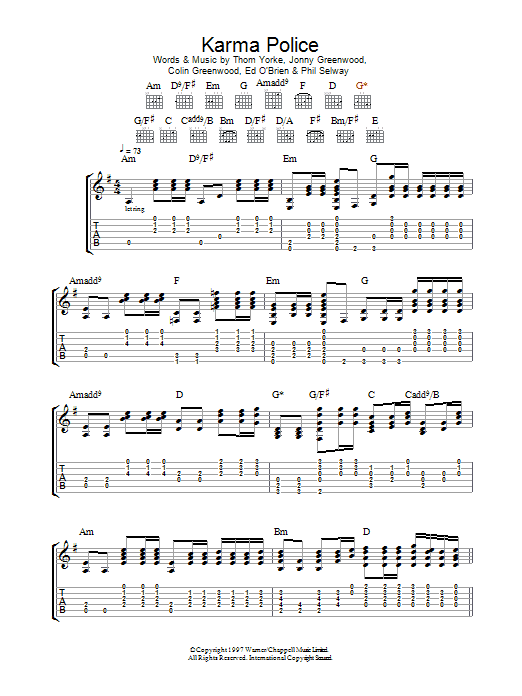 Radiohead Karma Police Sheet Music Notes & Chords for Guitar Chords/Lyrics - Download or Print PDF