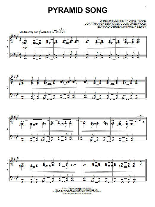 Radiohead Pyramid Song Sheet Music Notes & Chords for Piano, Vocal & Guitar (Right-Hand Melody) - Download or Print PDF
