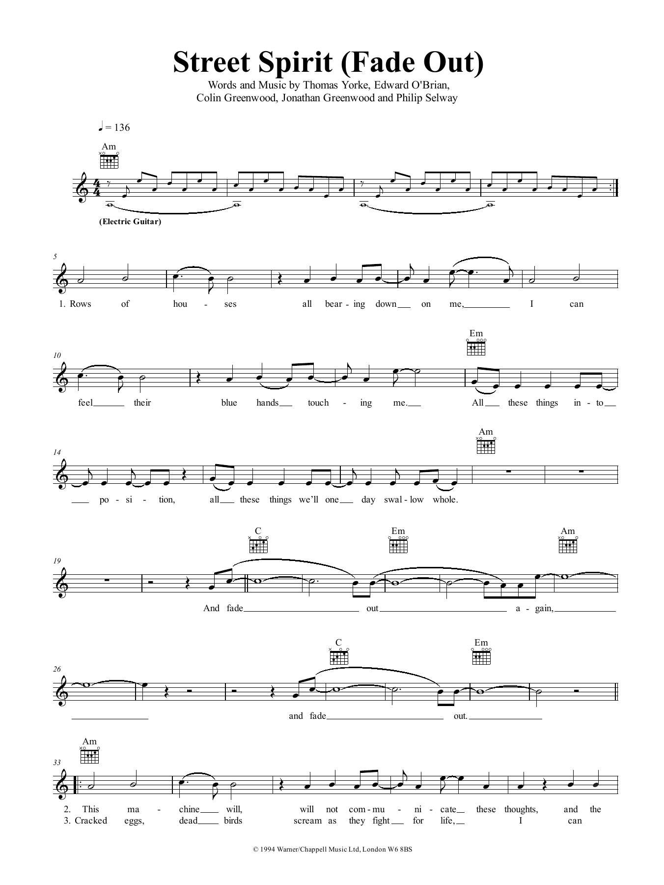 Radiohead Street Spirit (Fade Out) Sheet Music Notes & Chords for Lead Sheet / Fake Book - Download or Print PDF