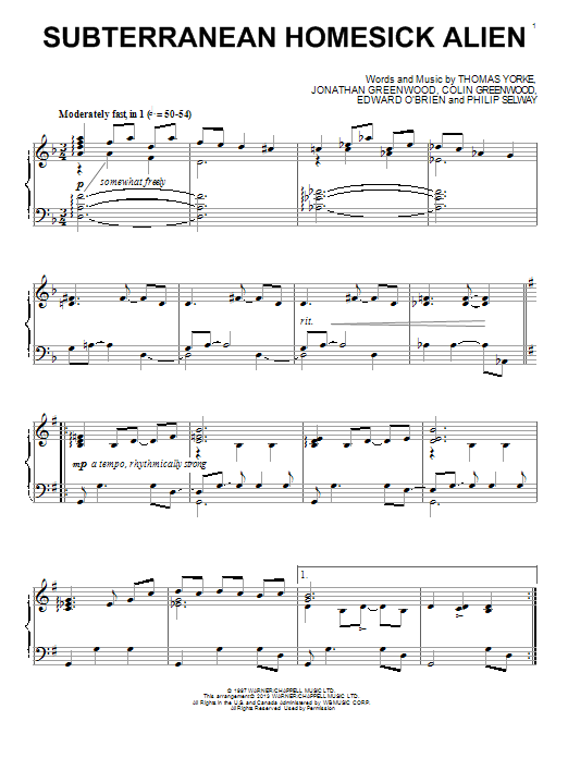 Radiohead Subterranean Homesick Alien Sheet Music Notes & Chords for Piano - Download or Print PDF