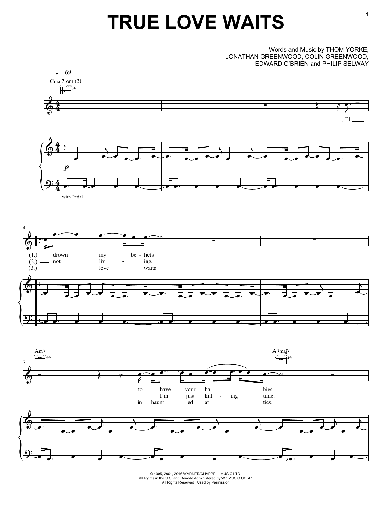 Radiohead True Love Waits Sheet Music Notes & Chords for Piano, Vocal & Guitar (Right-Hand Melody) - Download or Print PDF