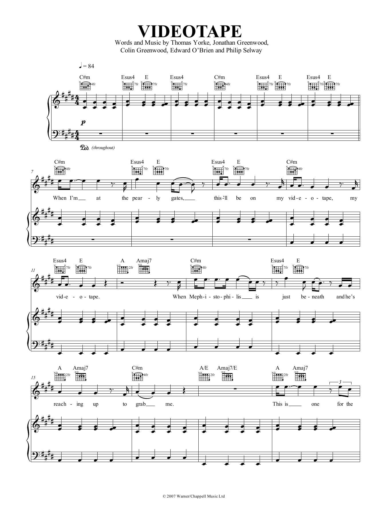 Radiohead Videotape Sheet Music Notes & Chords for Piano, Vocal & Guitar (Right-Hand Melody) - Download or Print PDF