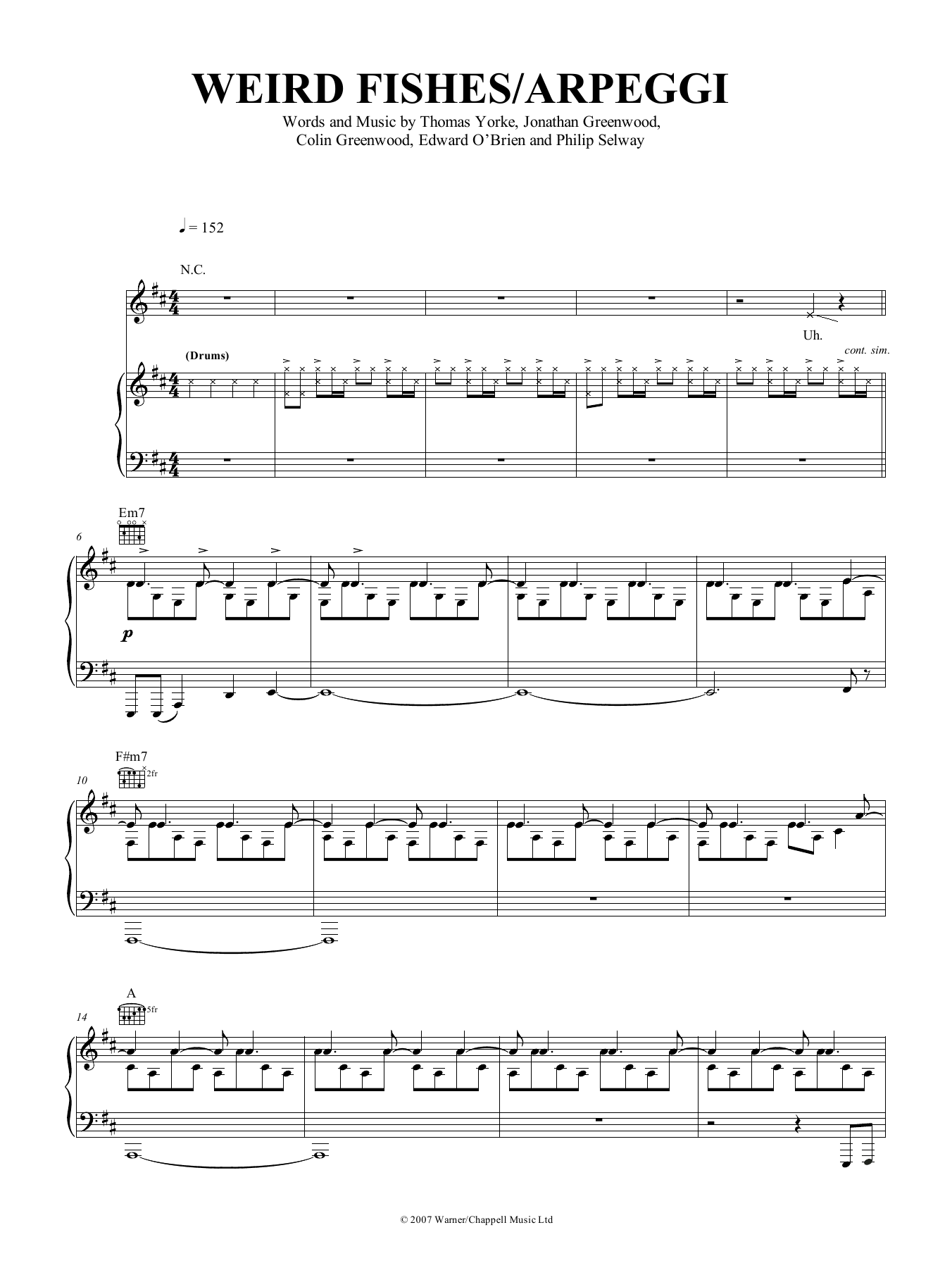 Radiohead Weird Fishes/Arpeggi Sheet Music Notes & Chords for Piano, Vocal & Guitar (Right-Hand Melody) - Download or Print PDF