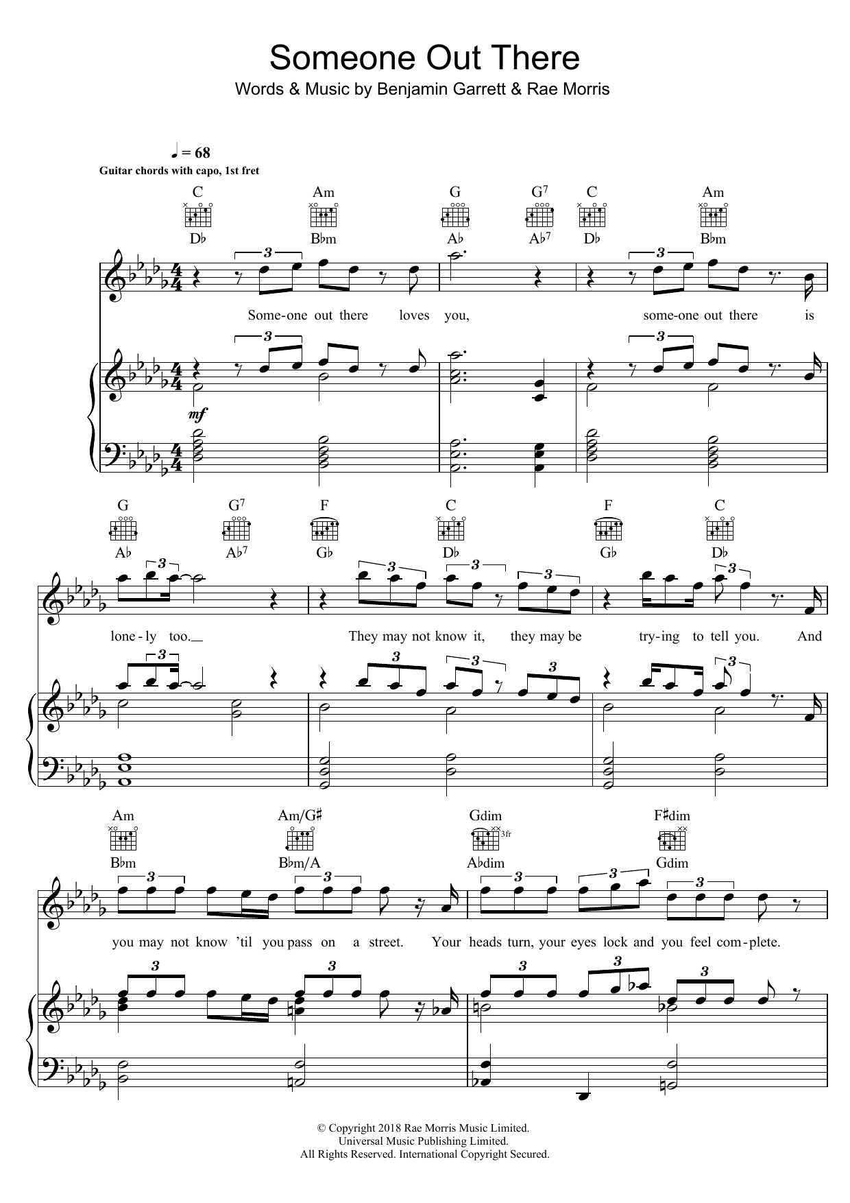 Rae Morris Someone Out There Sheet Music Notes & Chords for Piano, Vocal & Guitar (Right-Hand Melody) - Download or Print PDF
