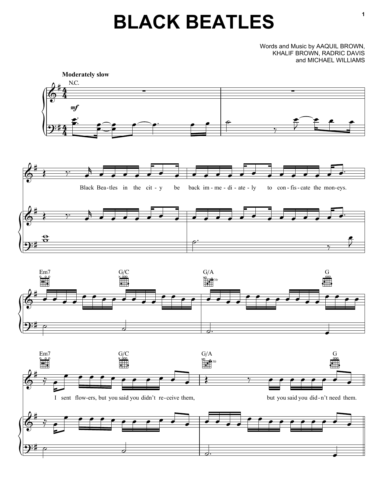 Rae Sremmurd feat. Gucci Mane Black Beatles Sheet Music Notes & Chords for Piano, Vocal & Guitar (Right-Hand Melody) - Download or Print PDF
