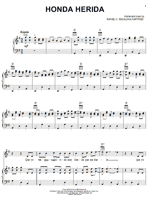 Rafael C. Escalona Martinez Honda Herida Sheet Music Notes & Chords for Piano, Vocal & Guitar (Right-Hand Melody) - Download or Print PDF
