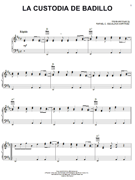 Rafael C. Escalona Martinez La Custodia De Badillo Sheet Music Notes & Chords for Piano, Vocal & Guitar (Right-Hand Melody) - Download or Print PDF