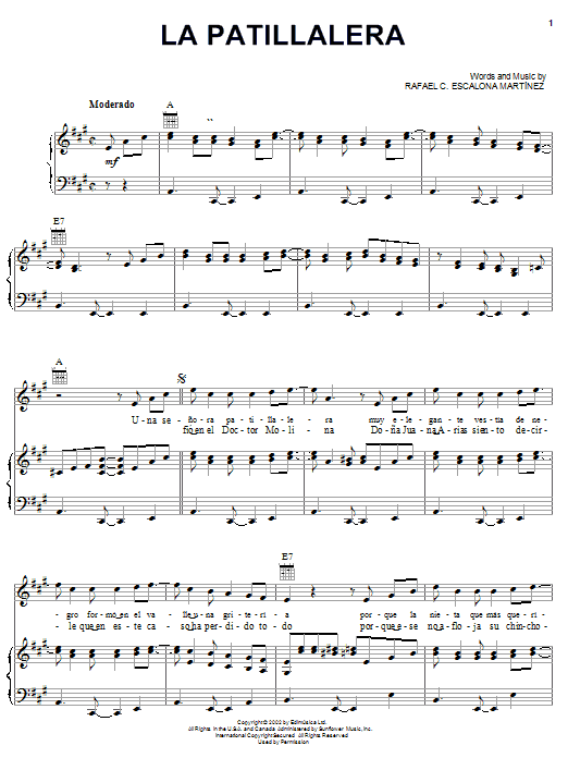 Rafael C. Escalona Martinez La Patillalera Sheet Music Notes & Chords for Piano, Vocal & Guitar (Right-Hand Melody) - Download or Print PDF