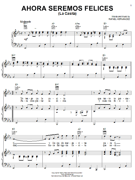 Rafael Hernandez Ahora Seremos Felices (La Casita) Sheet Music Notes & Chords for Piano, Vocal & Guitar (Right-Hand Melody) - Download or Print PDF