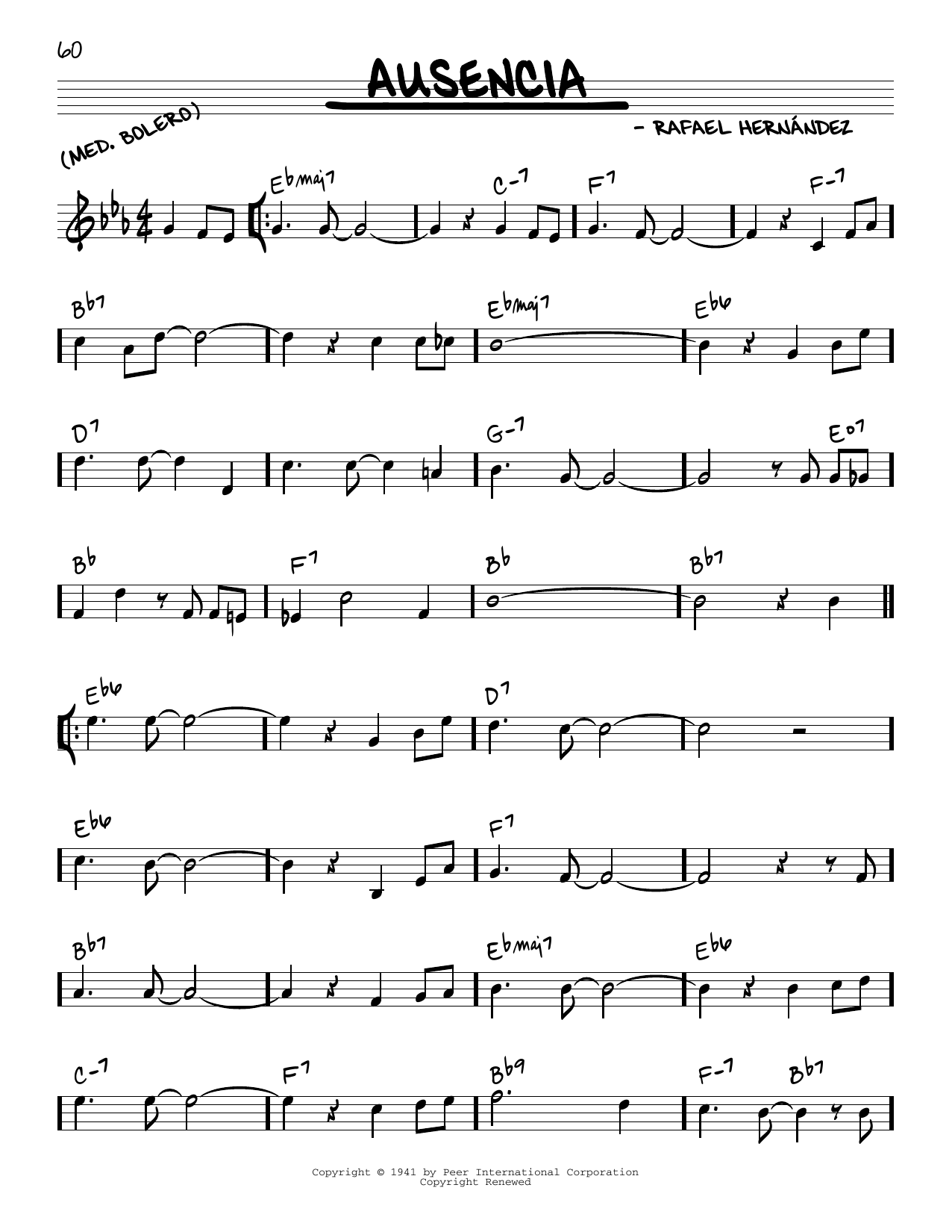 Rafael Hernandez Ausencia Sheet Music Notes & Chords for Real Book – Melody & Chords - Download or Print PDF