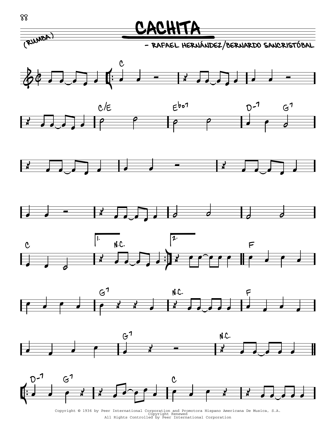 Rafael Hernandez Cachita Sheet Music Notes & Chords for Piano, Vocal & Guitar Chords (Right-Hand Melody) - Download or Print PDF