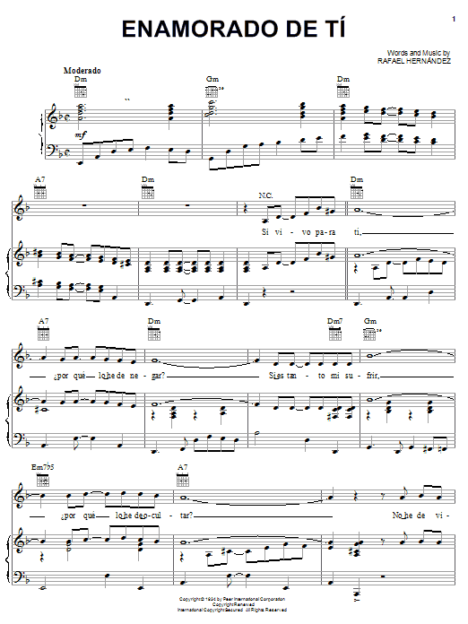 Rafael Hernandez Enamorado De Ti Sheet Music Notes & Chords for Piano, Vocal & Guitar (Right-Hand Melody) - Download or Print PDF Rafael Hernandez Enamorado De Ti Sheet Music Notes & Chords for Piano, Vocal & Guitar (Right-Hand Melody) - Download or Print PDF