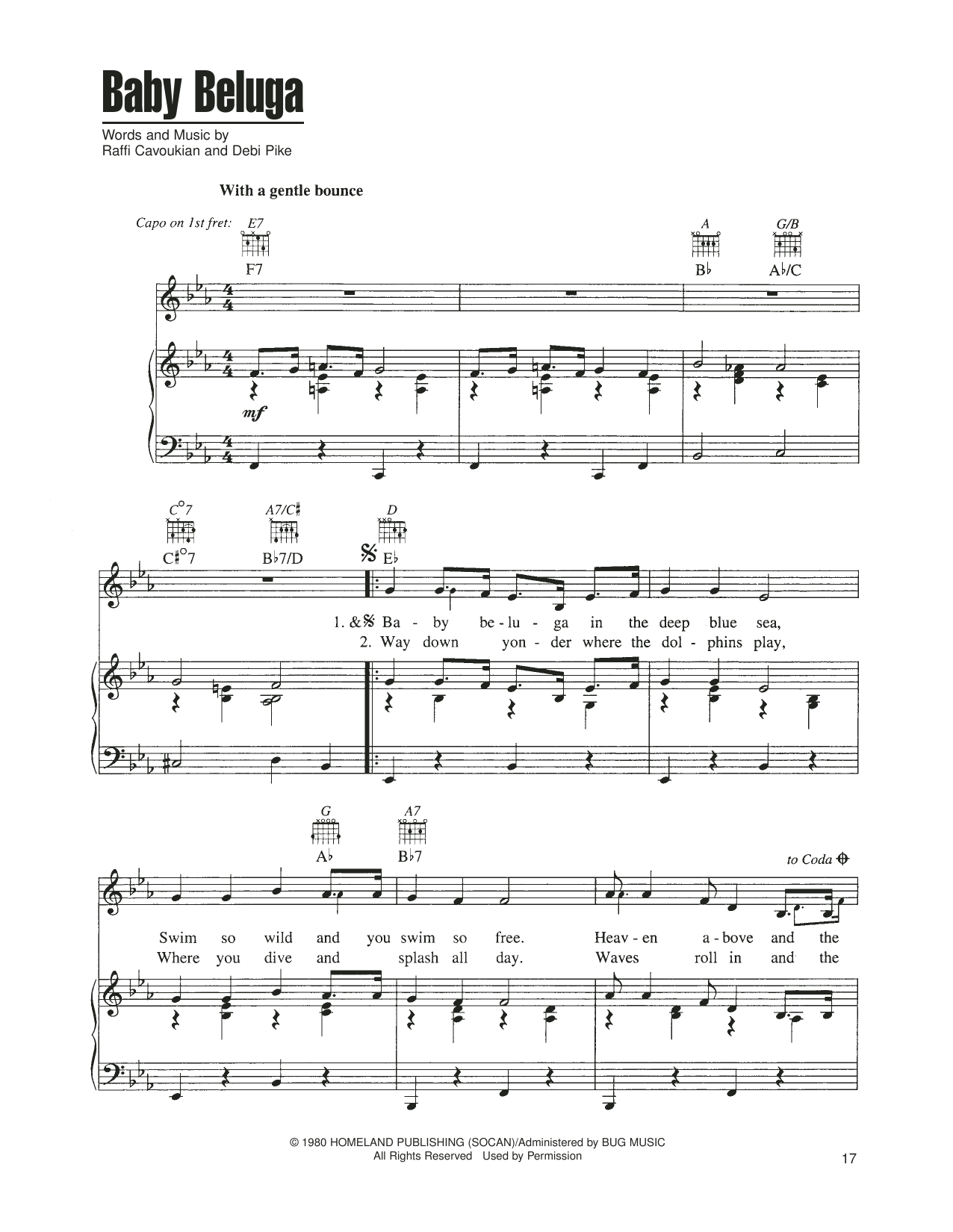 Raffi Cavoukian Baby Beluga Sheet Music Notes & Chords for Piano, Vocal & Guitar Chords (Right-Hand Melody) - Download or Print PDF