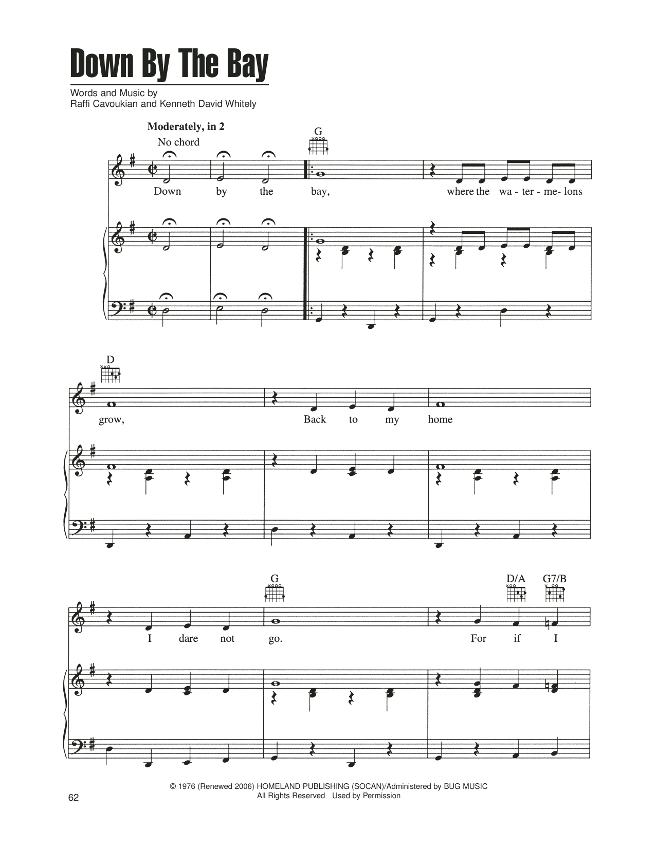 Raffi Cavoukian Down By The Bay Sheet Music Notes & Chords for Piano, Vocal & Guitar Chords (Right-Hand Melody) - Download or Print PDF