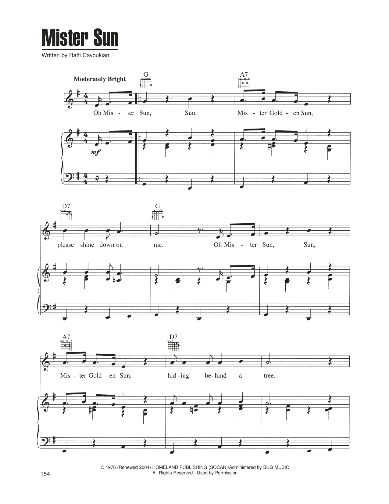 Raffi Cavoukian Mister Sun Sheet Music Notes & Chords for Piano, Vocal & Guitar Chords (Right-Hand Melody) - Download or Print PDF