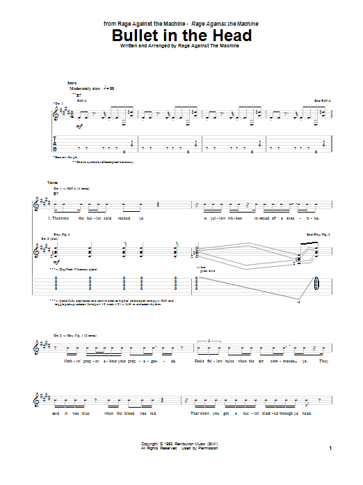 Rage Against The Machine Bullet In The Head Sheet Music Notes & Chords for Bass Guitar Tab - Download or Print PDF