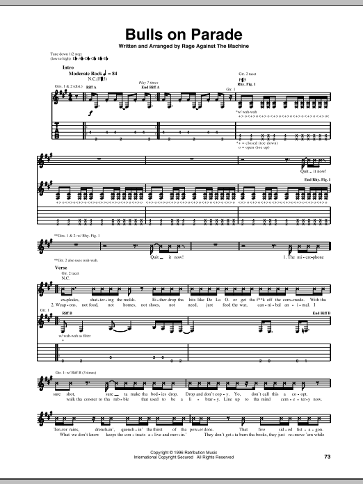 Rage Against The Machine Bulls On Parade Sheet Music Notes & Chords for Guitar Tab - Download or Print PDF