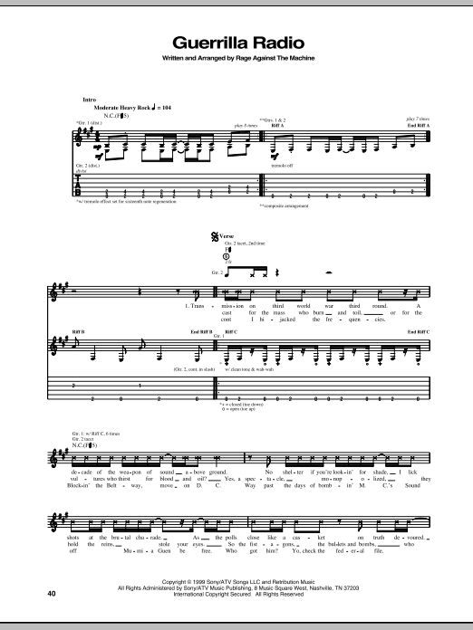 Rage Against The Machine Guerrilla Radio Sheet Music Notes & Chords for Guitar Tab - Download or Print PDF