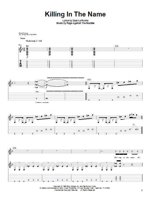 Rage Against The Machine Killing In The Name Sheet Music Notes & Chords for Guitar Tab (Single Guitar) - Download or Print PDF