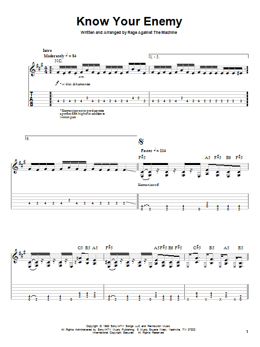 Rage Against The Machine Know Your Enemy Sheet Music Notes & Chords for Guitar Tab Play-Along - Download or Print PDF